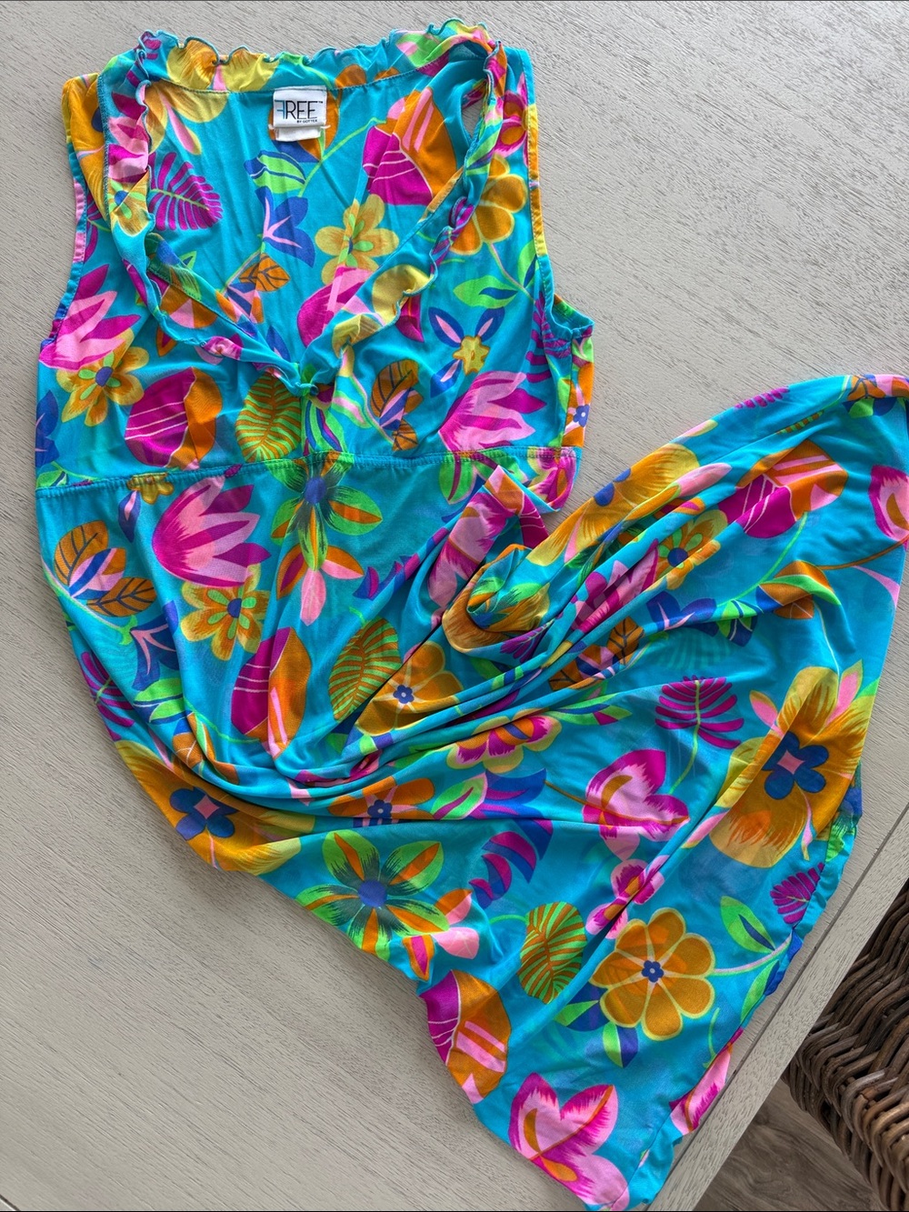 FREE by GOTTEX mesh Turquoise Floral BEACH COVER UP dress Sz Med